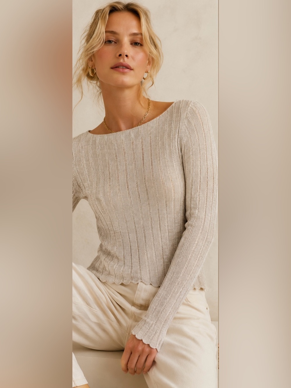 Pilcro by Anthropologie Metallic Rib Knit Boat Neck Sweater XL Neutral Shimmer